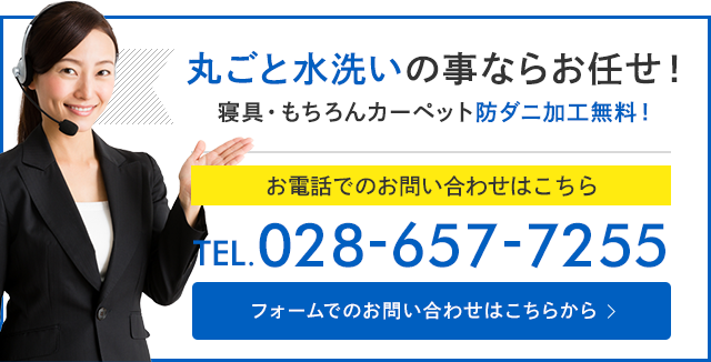 丸ごと水洗いの事ならお任せ！寝具・もちろんカーペット防ダニ加工無料！